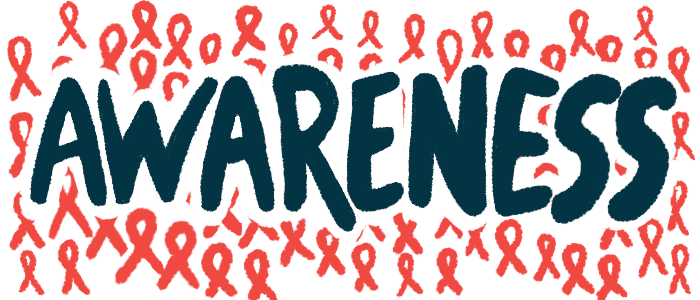 The word 'awareness' is shown in bold black letters against a backdrop of dozens of red awareness ribbons.