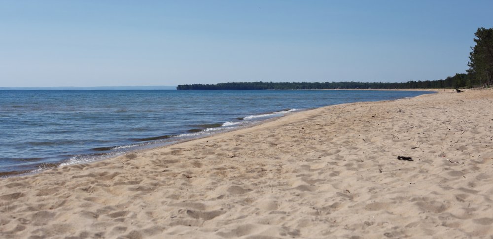 Tan sand lies in front of a blue body of water. There is some greenery at a distance.