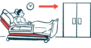 A person sits on a hospital gurney while a red arrow points to a set of swinging doors.