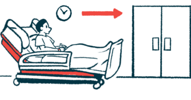 A person sits on a gurney while a red arrow points to a set of swinging doors.