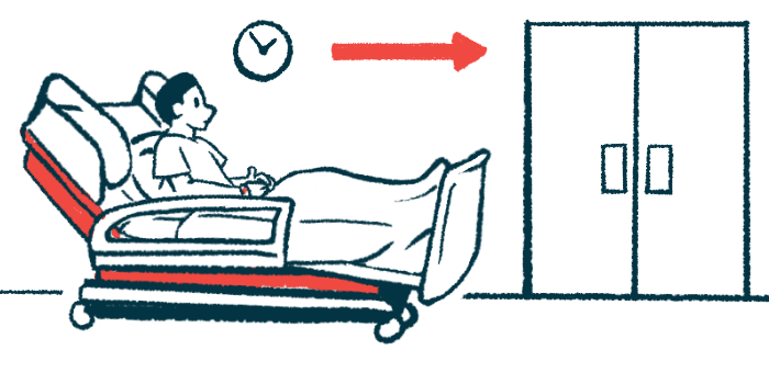 A person sits on a gurney while a red arrow points to a set of swinging doors.