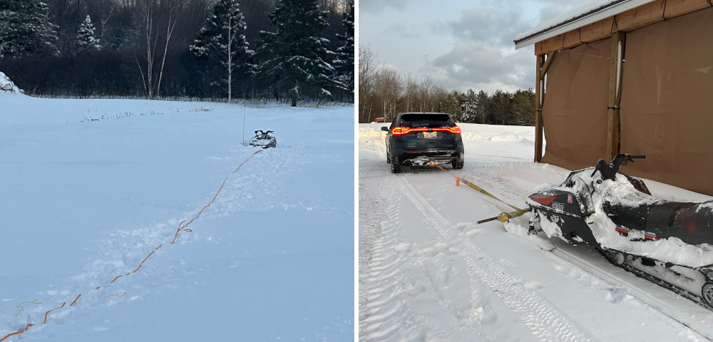 A photo stitch of two photos: On the left, a snow-covered snowmobile is attached to a long rope in large snow-covered field with pine trees in the back; on the right, a Ford Edge tows the snow-covered snowmobile next to a large building. 