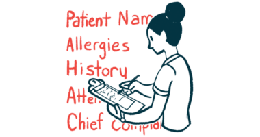 A person fills out a patient data form attached to a clipboard, against a backdrop listing question topics.