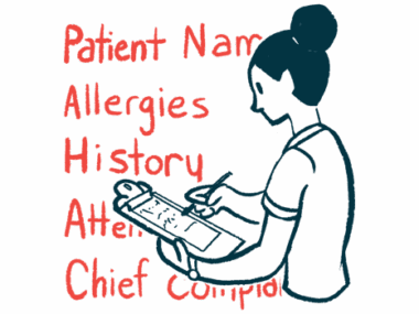 A person fills out a patient data form attached to a clipboard, against a backdrop listing question topics.