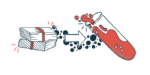 In this research funding illustration, a large arrow connects two large stacks of money to a vial filled with blood.