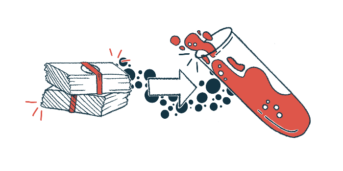 In this research funding illustration, a large arrow connects two large stacks of money to a vial filled with blood.