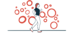 An illustration shows a woman walking briskly, with red-rimmed circles in the background.