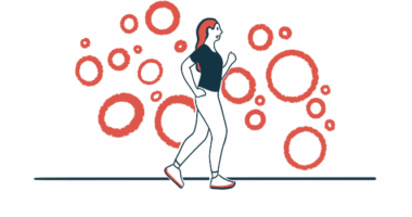An illustration of a female walking briskly.