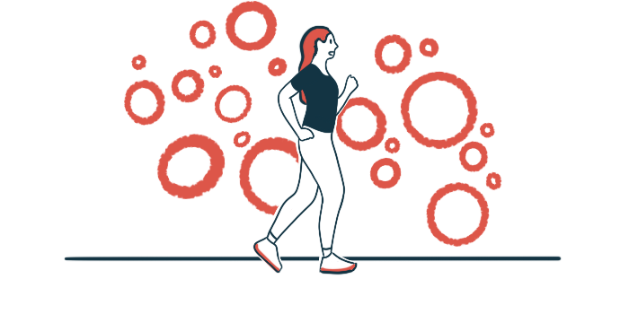 An illustration of a female walking briskly.