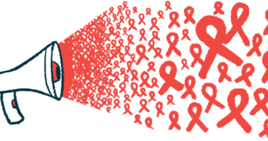 Dozens of awareness ribbons burst from the cone of a megaphone.