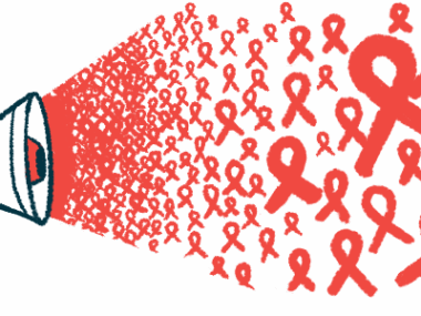 Dozens of red awareness ribbons burst from the cone of a megaphone.