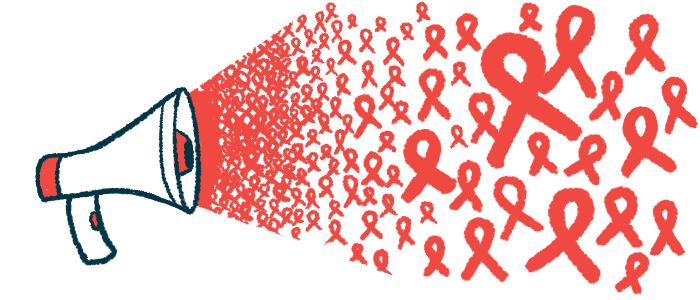 Dozens of awareness ribbons burst from the cone of a megaphone.