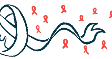 A large awareness ribbon is surrounded by a number of small, red awareness ribbons.