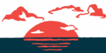 The sun sets over the ocean, with clouds in the background.
