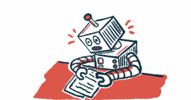 A robot sits at a red table studying two sheets of paper.