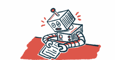 A robot sits at a red table studying two sheets of paper.