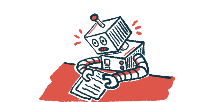 A robot sits at a red table studying two sheets of paper.
