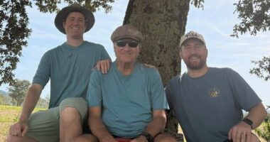 Kermit Peterson is shown with his sons Tony and Mickey on Italy's Via Francigena.
