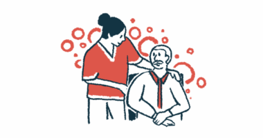 An illustration of a female caregiver standing and talking with an older man who is sitting in a chair.