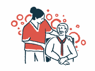 An illustration of a female caregiver standing and talking with an older man who is sitting in a chair.