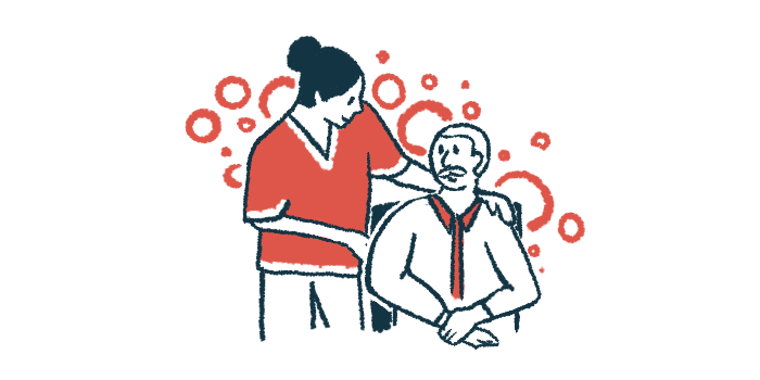 An illustration of a female caregiver standing and talking with an older man who is sitting in a chair.