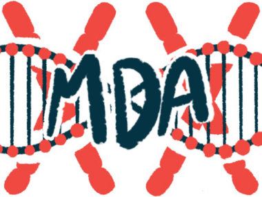 The letters MDA are shown in an illustration over the top of a DNA strand.