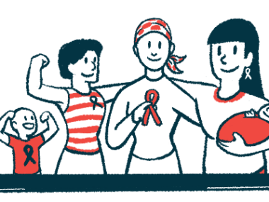 A woman surrounded by other advocates holds a red awareness ribbon in front of her.