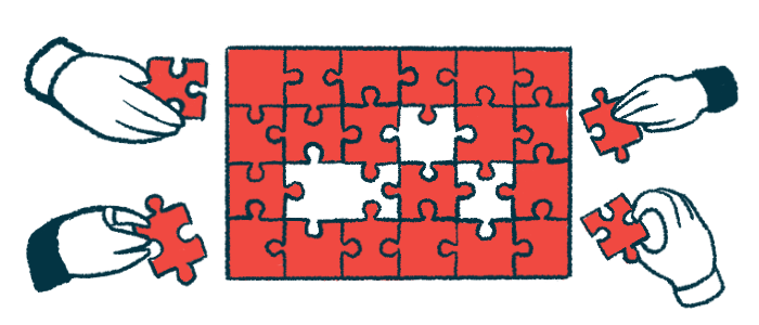 Four hands add pieces to a puzzle.