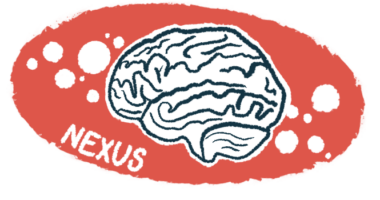 This illustration for the ALS Nexus conference shows a human brain against a red backdrop featuring the word 
