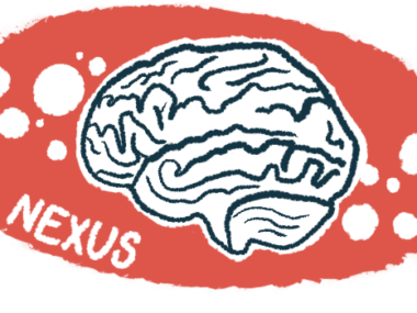 This illustration for the ALS Nexus conference shows a human brain against a red backdrop featuring the word 