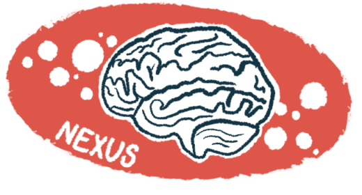 This illustration for the ALS Nexus conference shows a human brain against a red backdrop featuring the word 