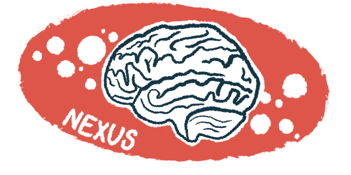 This illustration for the ALS Nexus conference shows a human brain against a red backdrop featuring the word 