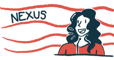In this illustration for the ALS Nexus Conference, a woman speaks into a microphone while making a presentation, with the word Nexus in the background.