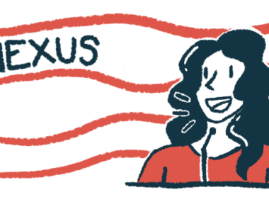 In this illustration for the ALS Nexus Conference, a woman speaks into a microphone while making a presentation, with the word Nexus in the background.