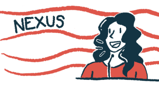 In this illustration for the ALS Nexus Conference, a woman speaks into a microphone while making a presentation, with the word Nexus in the background.
