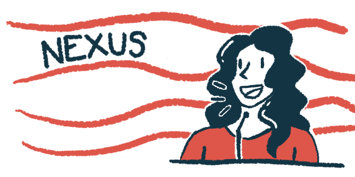 In this illustration for the ALS Nexus Conference, a woman speaks into a microphone while making a presentation, with the word Nexus in the background.