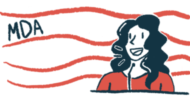 An illustration shows a woman standing at a podium, speaking into a microphone, as MDA floats in the background.
