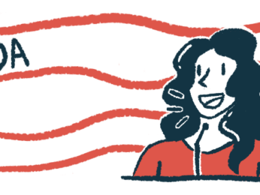 An illustration shows a woman standing at a podium, speaking into a microphone, as MDA floats in the background.