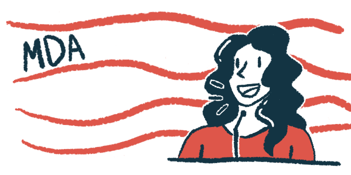 An illustration shows a woman standing at a podium, speaking into a microphone, as MDA floats in the background.